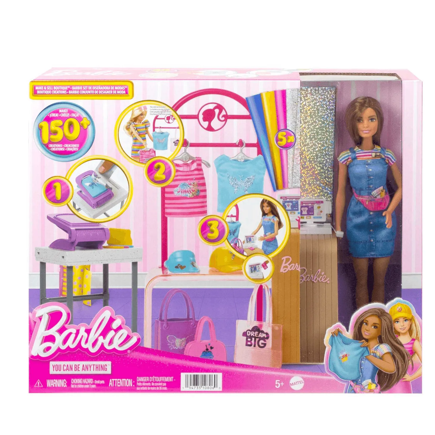 Barbie Boutique Diseña y vende Muñeca morena con tienda de ropa personalizable y accesorios, juguete