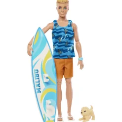 Barbie Ken con tabla de surf Muñeco con accesorios de juguete, +3 años (Mattel HPT50)