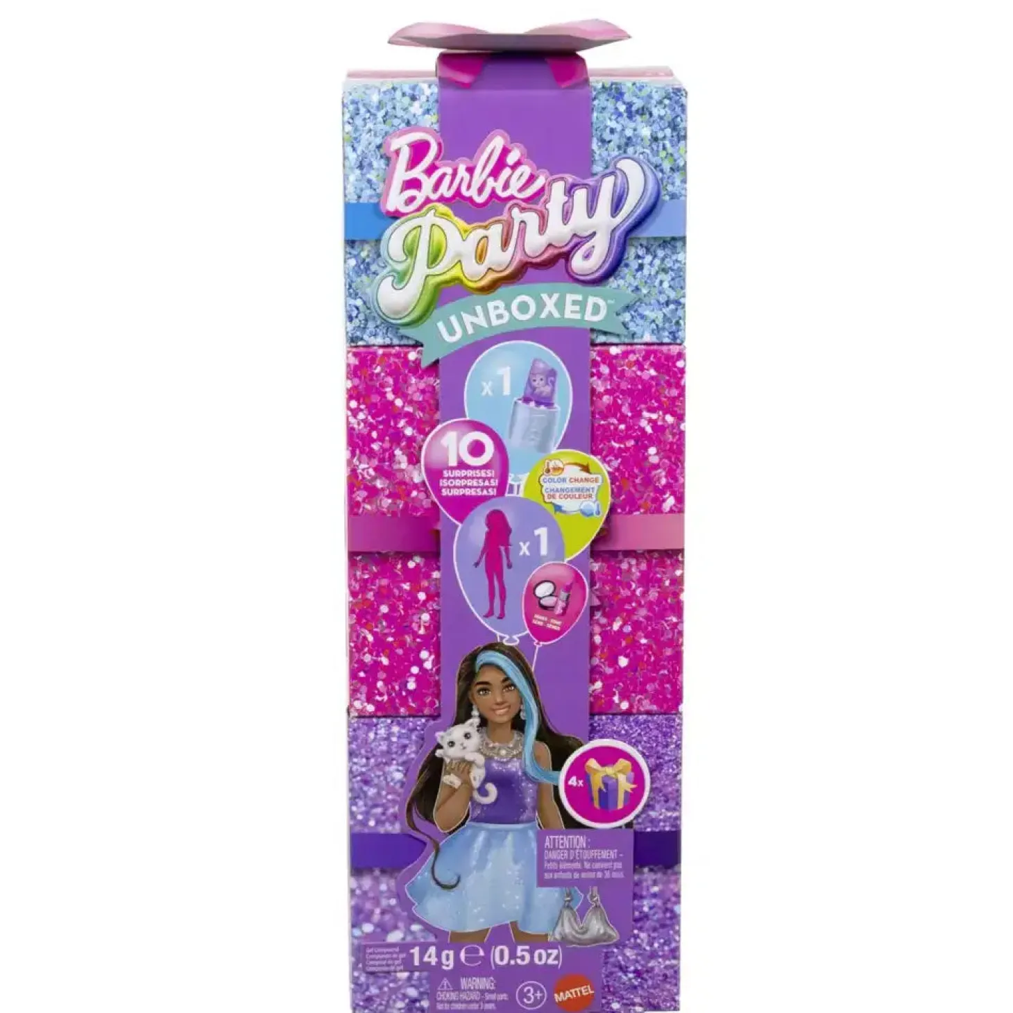 Barbie Party Unboxed Glam Party – Muñeca con 10 sorpresas y cambio de color
