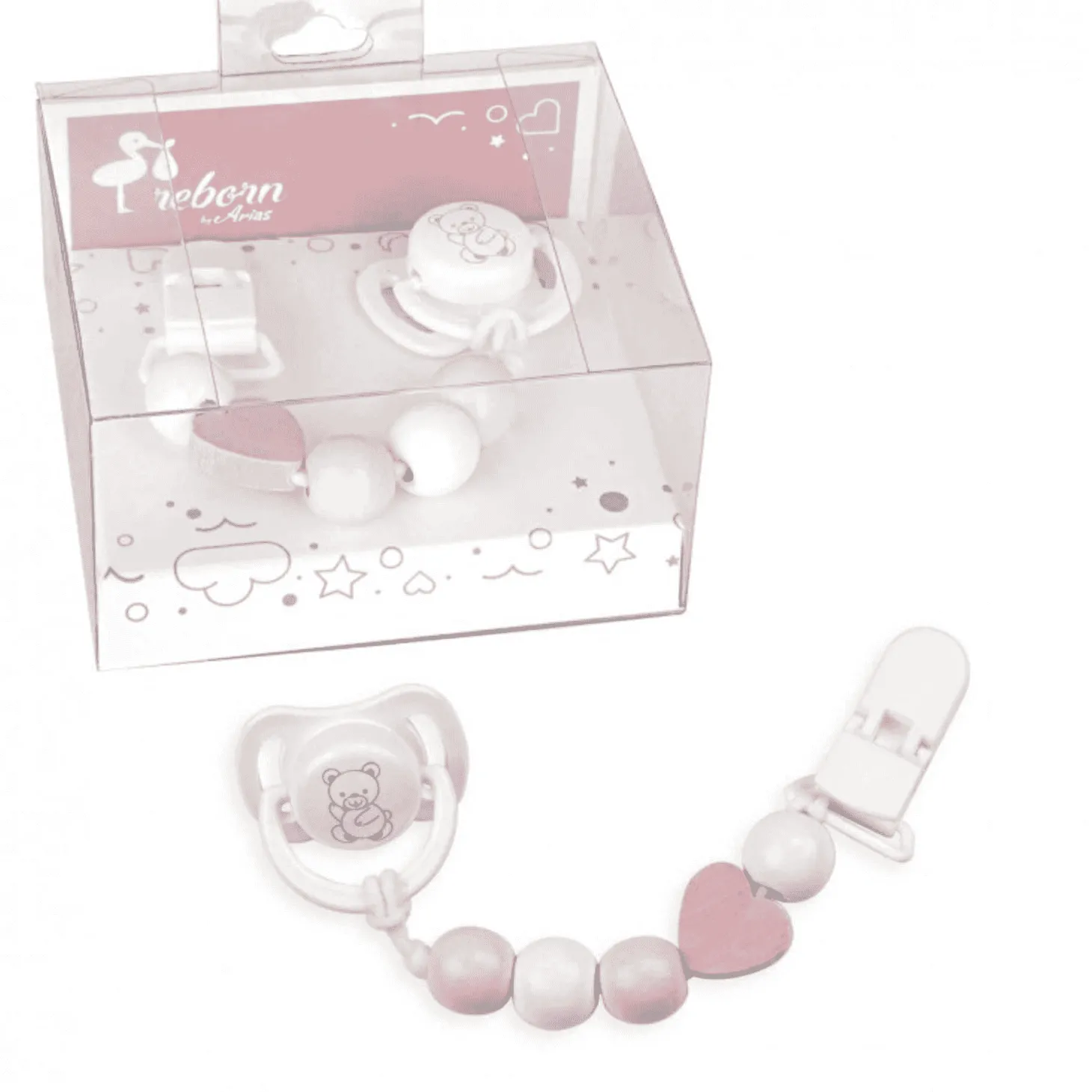 Chupete con Cadena Corazón de Madera Rosa para Muñecas - Arias