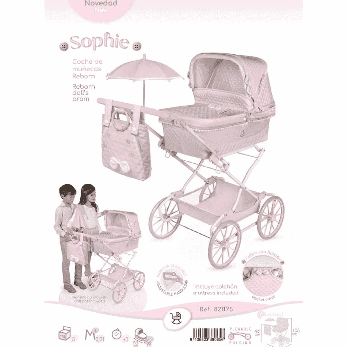 Coche de Muñecas 'Reborn' Plegable con Sombrilla y Suspensión De Cuevas