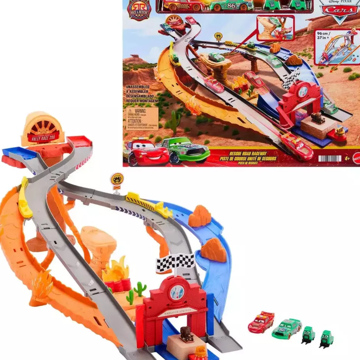 Disney Pixar Cars Circuito de Rescate en Radiador Springs – Conjunto con Rayo McQueen, Chick Hicks y