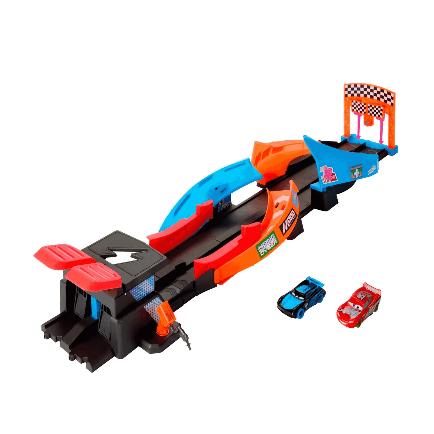 Disney Pixar Cars Night Racing Pista para coches de juguete que brilla en la oscuridad, incluye 2 ve