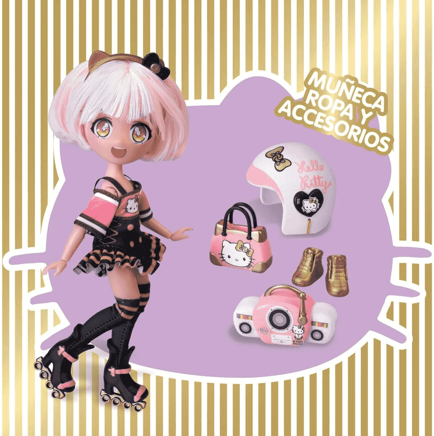 Hello Kitty Golden Diva Roller – Muñeca fashion con estilo japonés y accesorios