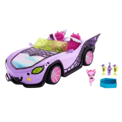 Monster High Coche de juguete, móvil Ghoul con accesorios para mascotas y refrigeradores