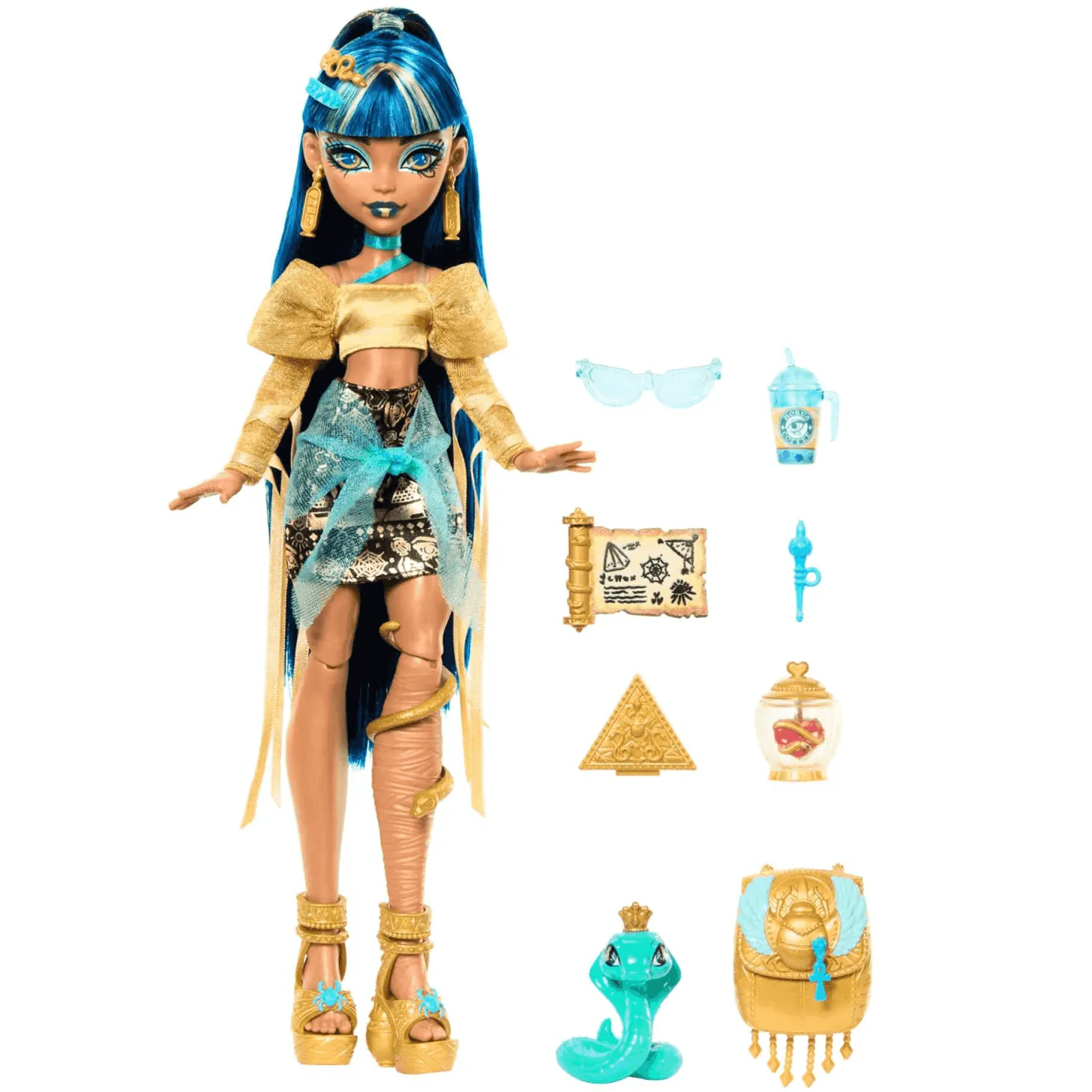 Monster High Muñeca Cleo De Nile de Monster High Estilo Divino con Mascota Cobra Hissette