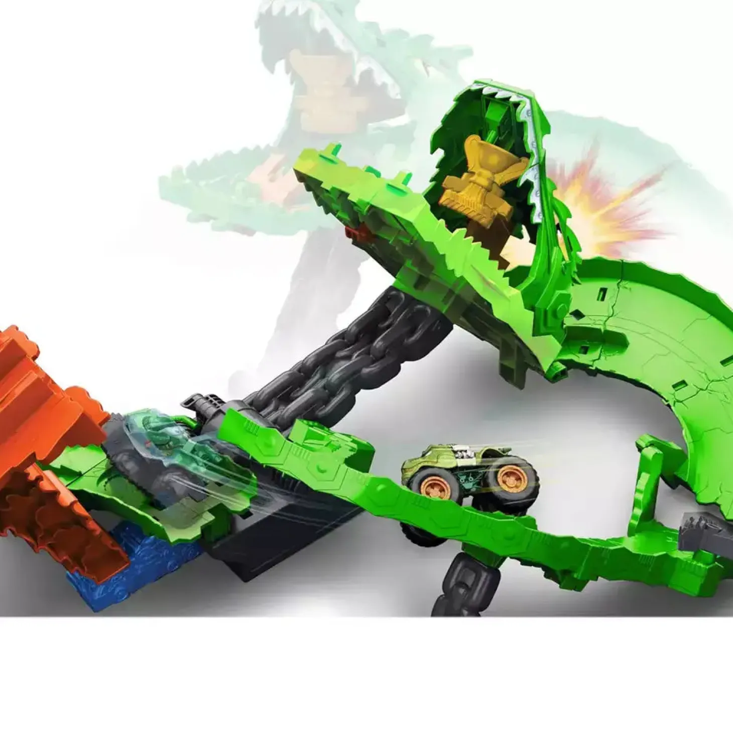 Monster Trucks Sharks vs. Dinos – Destrucción del Dragón con 2 camiones a escala 1:64