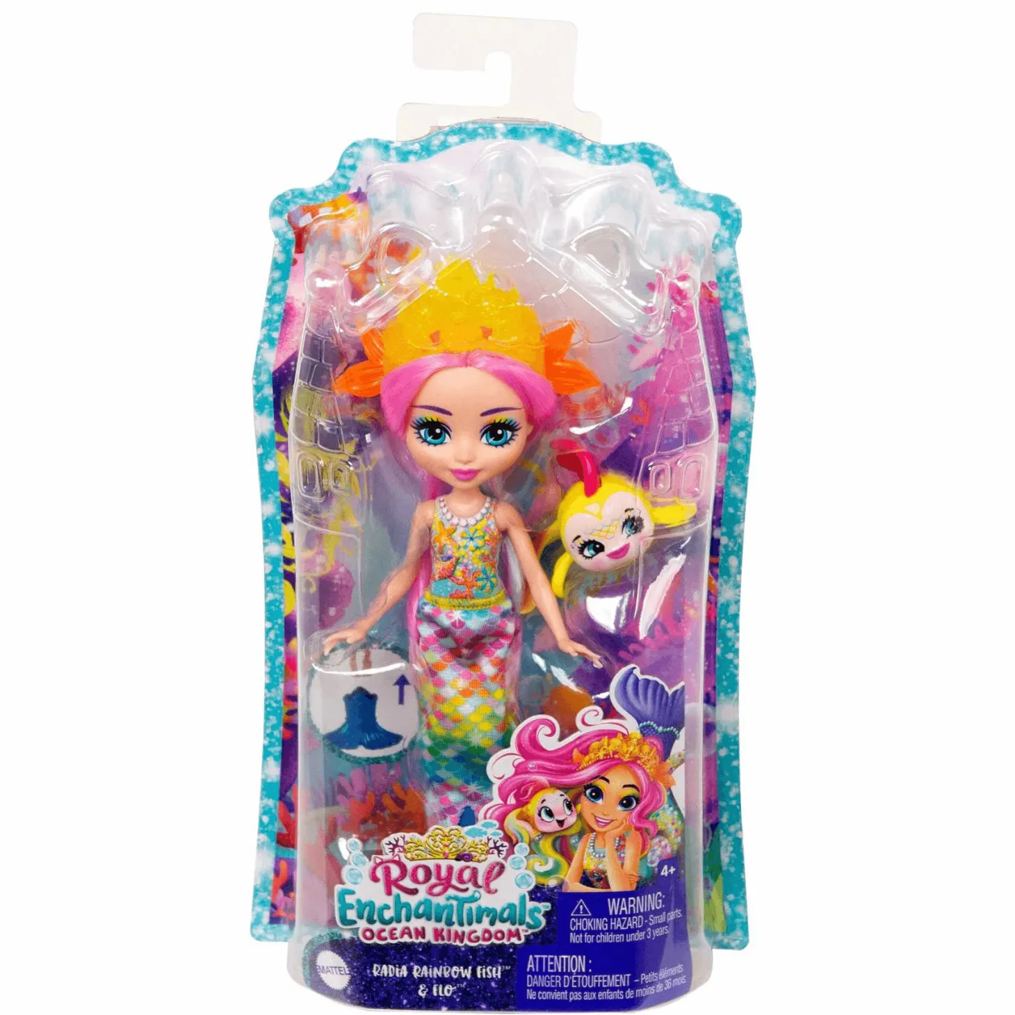 Royal Enchantimals Ocean Kingdom Muñeca Rainey Rainbow Fish con Mascota 4 años