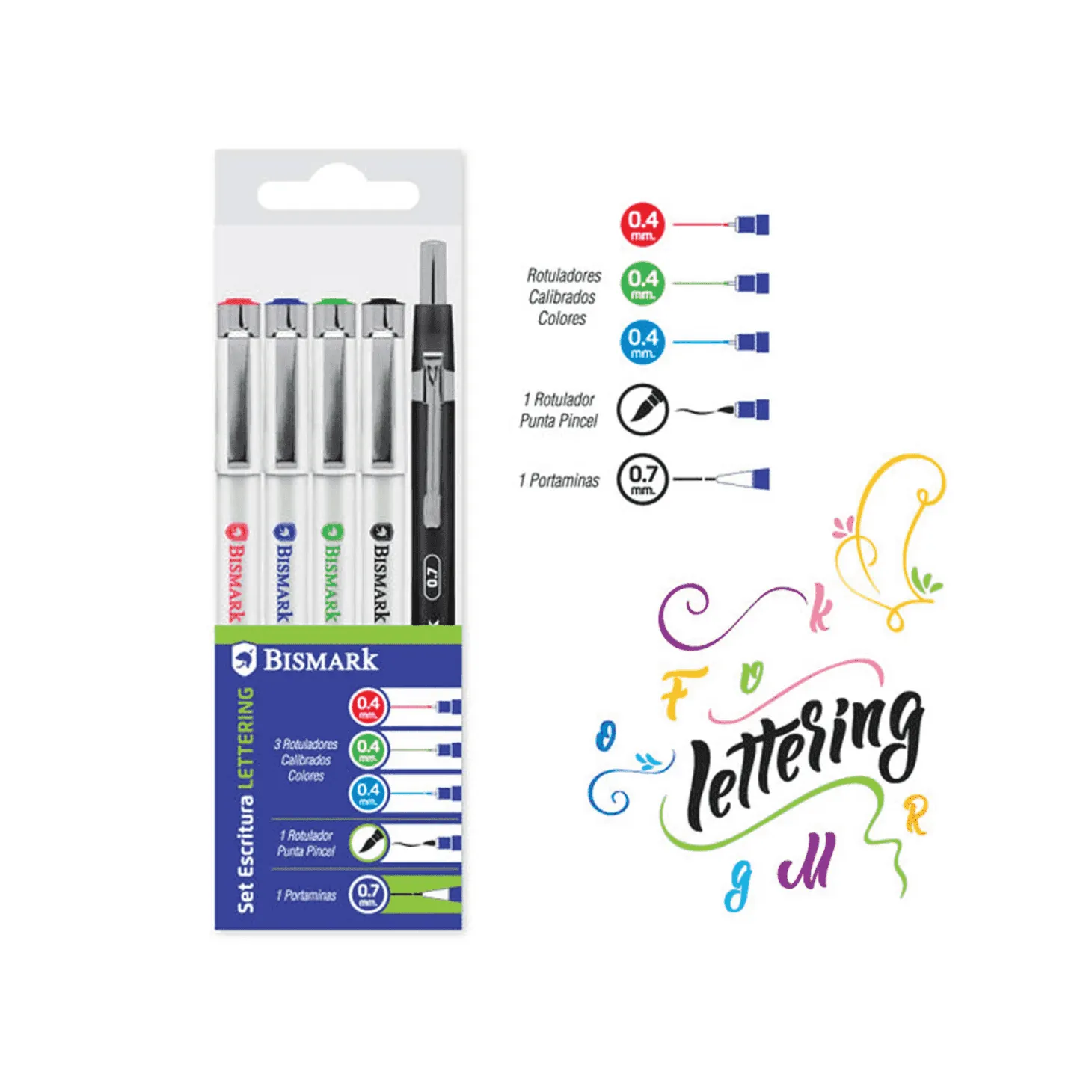 Set Lettering 3 Rotuladores Color Calibrados, Punta Pincel y Portaminas